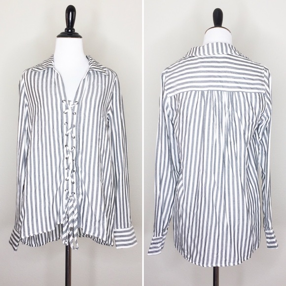 LAST ONE! White & Grey Striped Lace Up Top - Picture 3 of 3